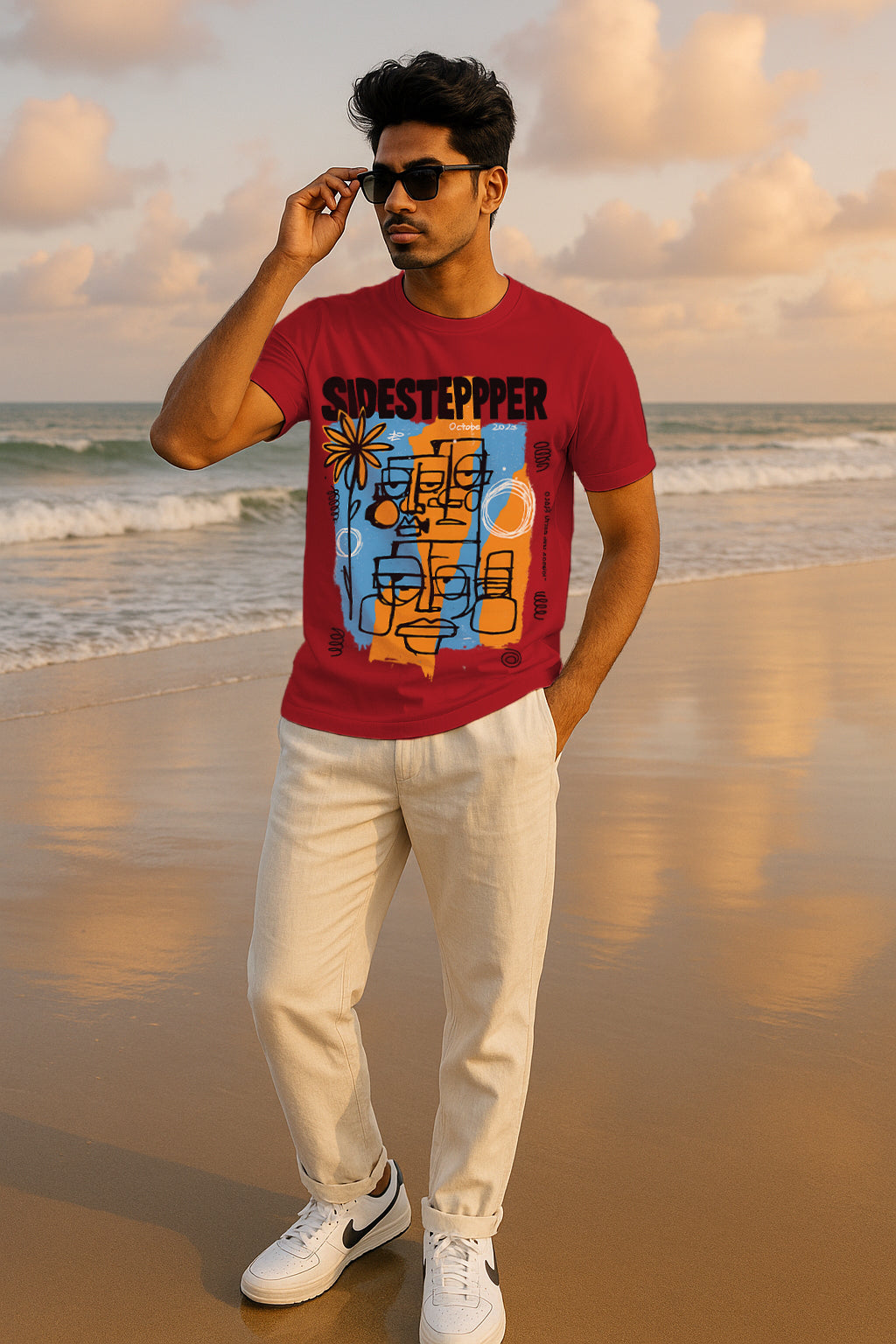 Regular Fit for Men Sidestepper Abstract Faces Graphic T-Shirt | Modern Art Streetwear Tee | 180 GSM 100% Cotton