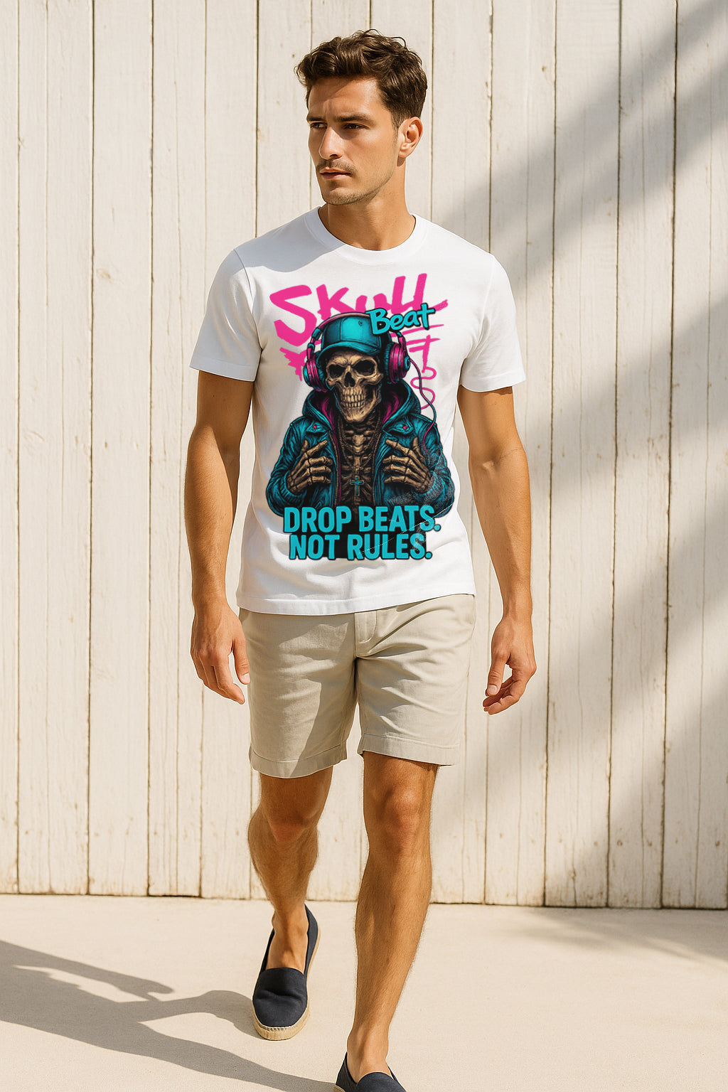 “Drop Beats, Not Rules” Skull DJ Graphic T-Shirt – Music Streetwear Tee, 100% Cotton Regular Fit