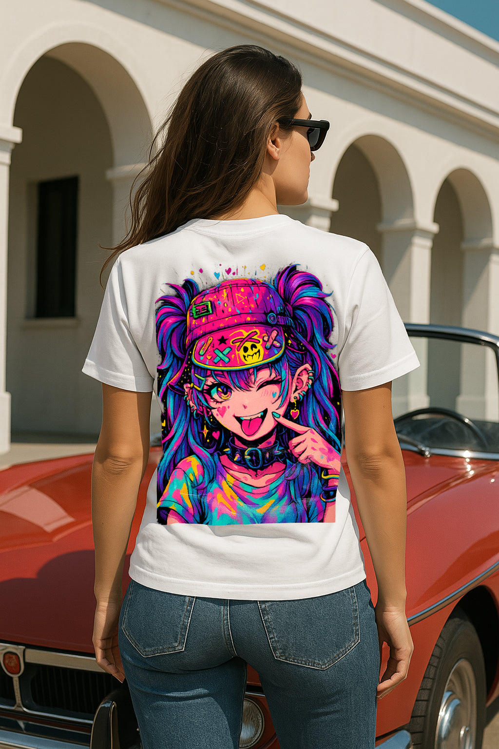 Neon Wink Anime Girl Graphic T-Shirt for Women – Kawaii Harajuku Streetwear Tee