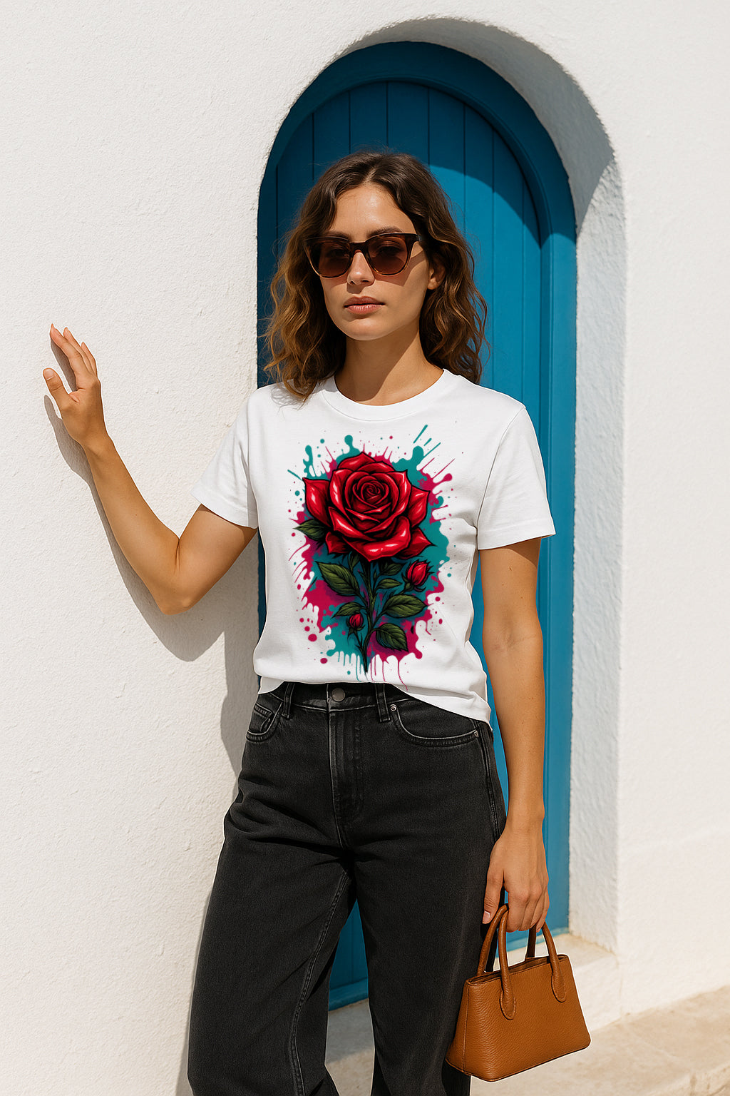 Red Rose Bloom Women’s Graphic T-Shirt – Floral Streetwear Art Tee