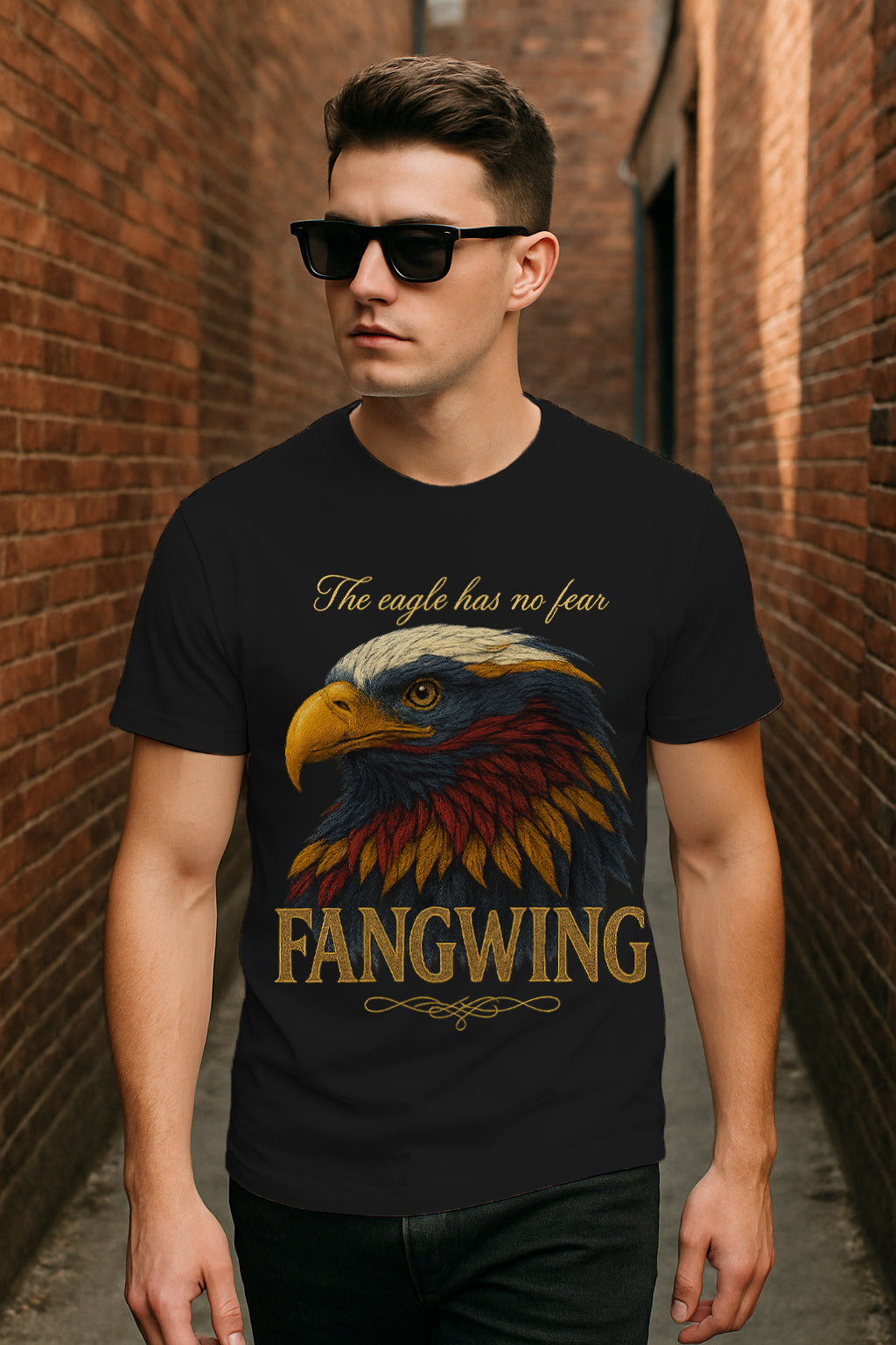 “Fangwing Eagle” Graphic T-Shirt – “The Eagle Has No Fear” Vintage Style, 100% Cotton Regular Fit Streetwear Tee