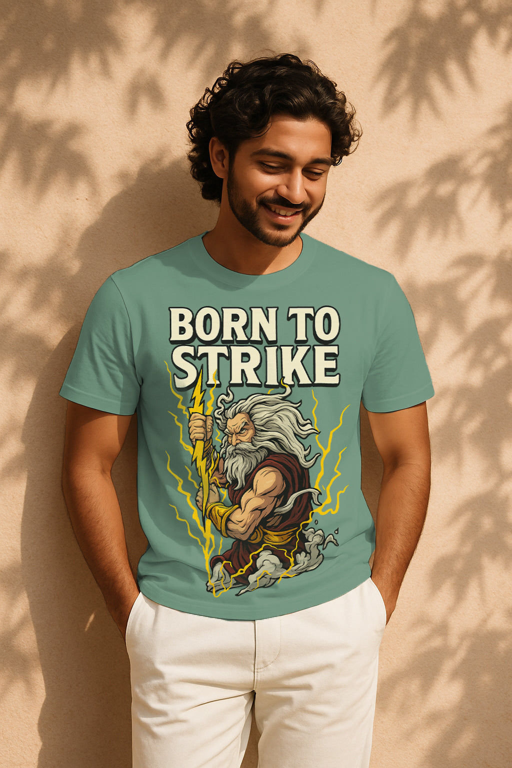 “Born to Strike” Thunder God Lightning Graphic T-Shirt – Mythic Warrior Print, 100% Cotton Regular Fit Streetwear Tee