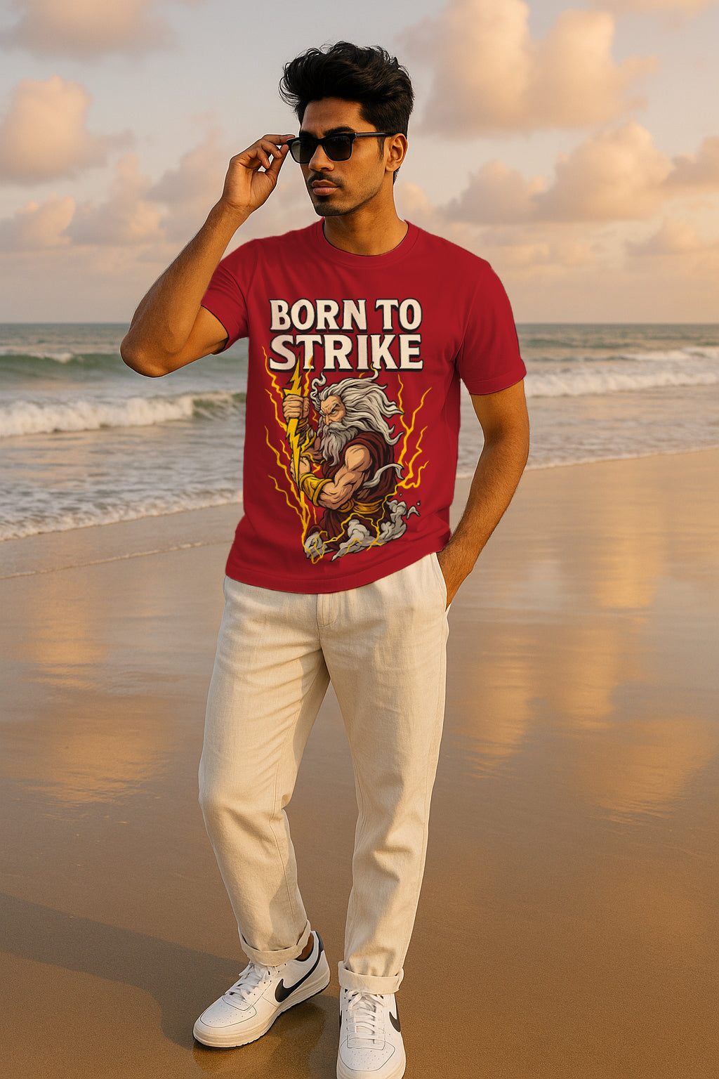 “Born to Strike” Thunder God Lightning Graphic T-Shirt – Mythic Warrior Print, 100% Cotton Regular Fit Streetwear Tee