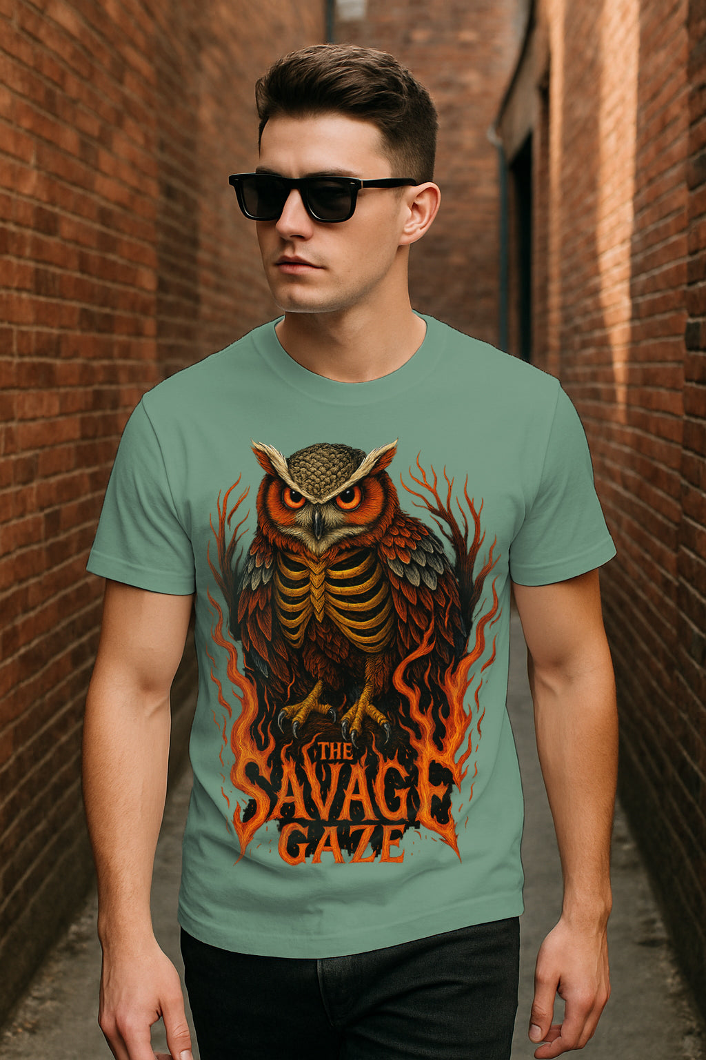 Regular Fit Savage Gaze Flaming Owl Graphic T-Shirt – 100% Cotton Streetwear Tee