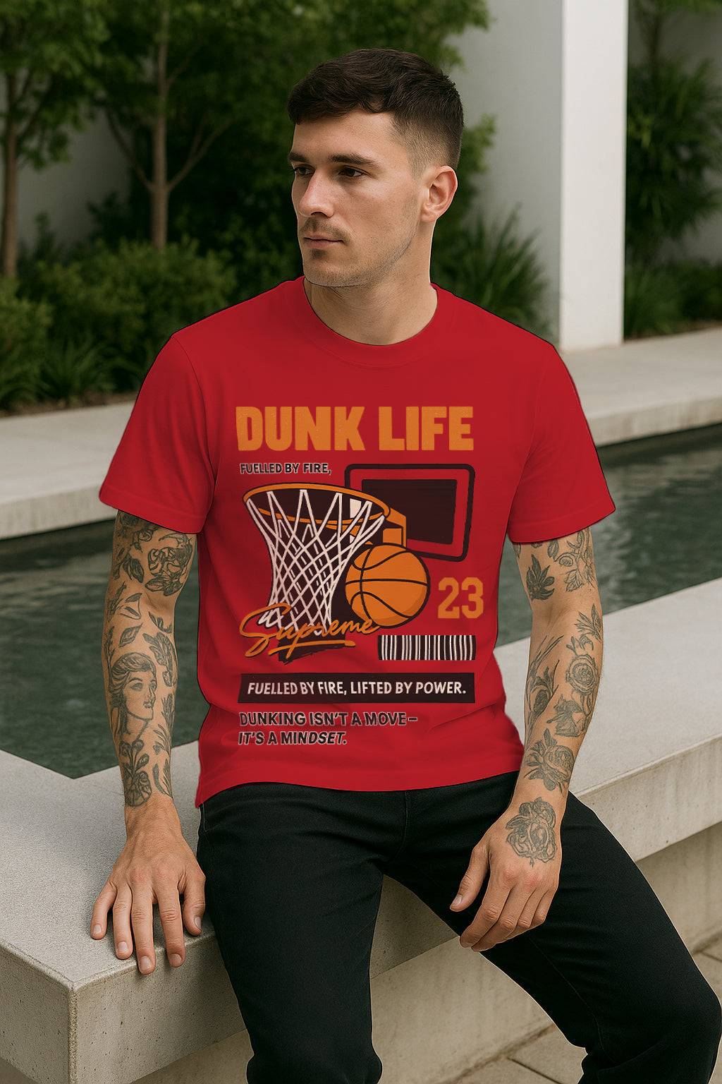 “Dunk Life 23” Basketball Graphic T-Shirt – Hoop Net & Ball Print, 100% Cotton Regular Fit Sports Streetwear Tee