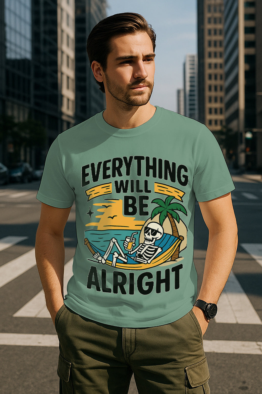 “Everything Will Be Alright” Skull Beach Graphic T-Shirt – 100% Cotton Regular Fit Chill Vibes Tee