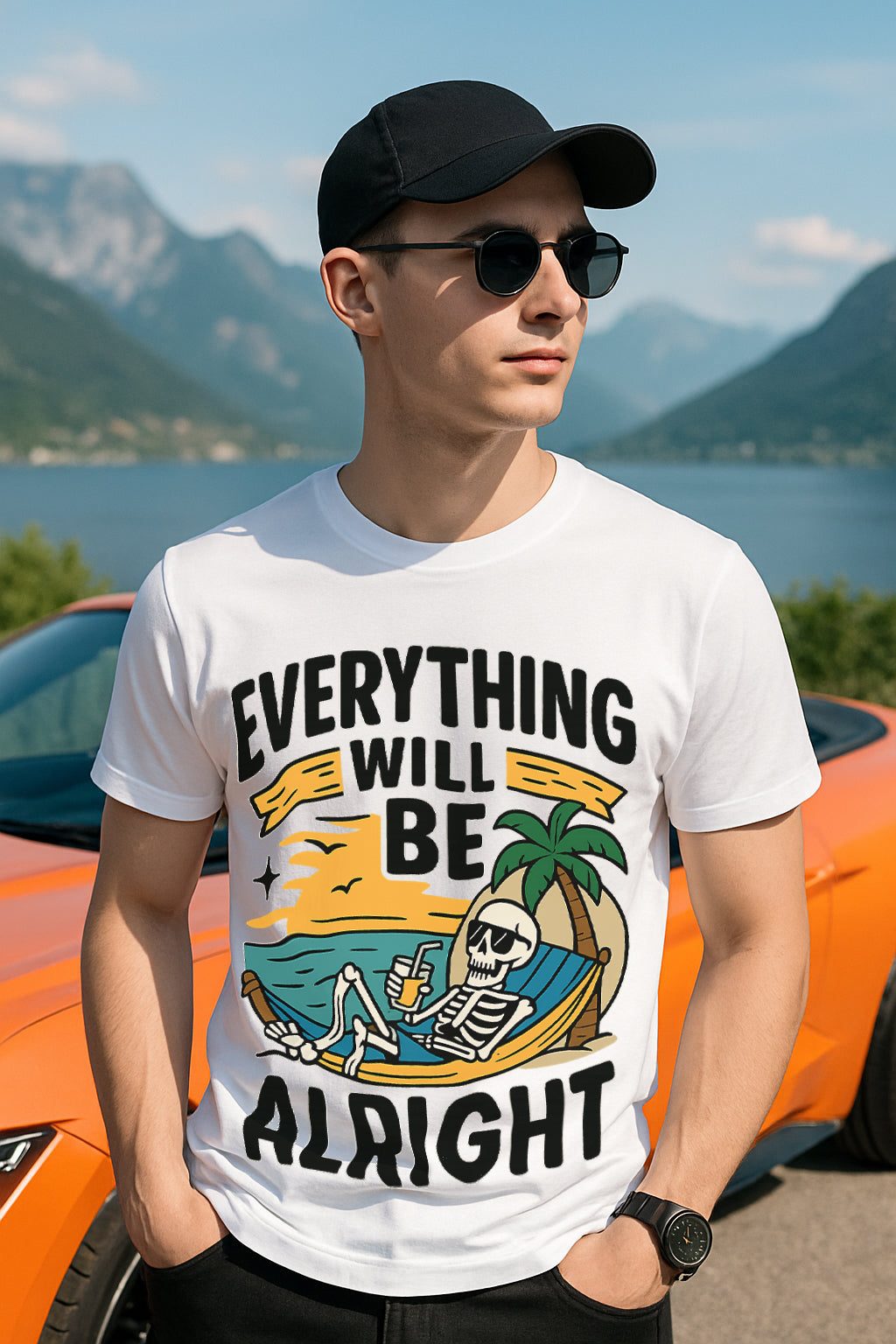 “Everything Will Be Alright” Skull Beach Graphic T-Shirt – 100% Cotton Regular Fit Chill Vibes Tee
