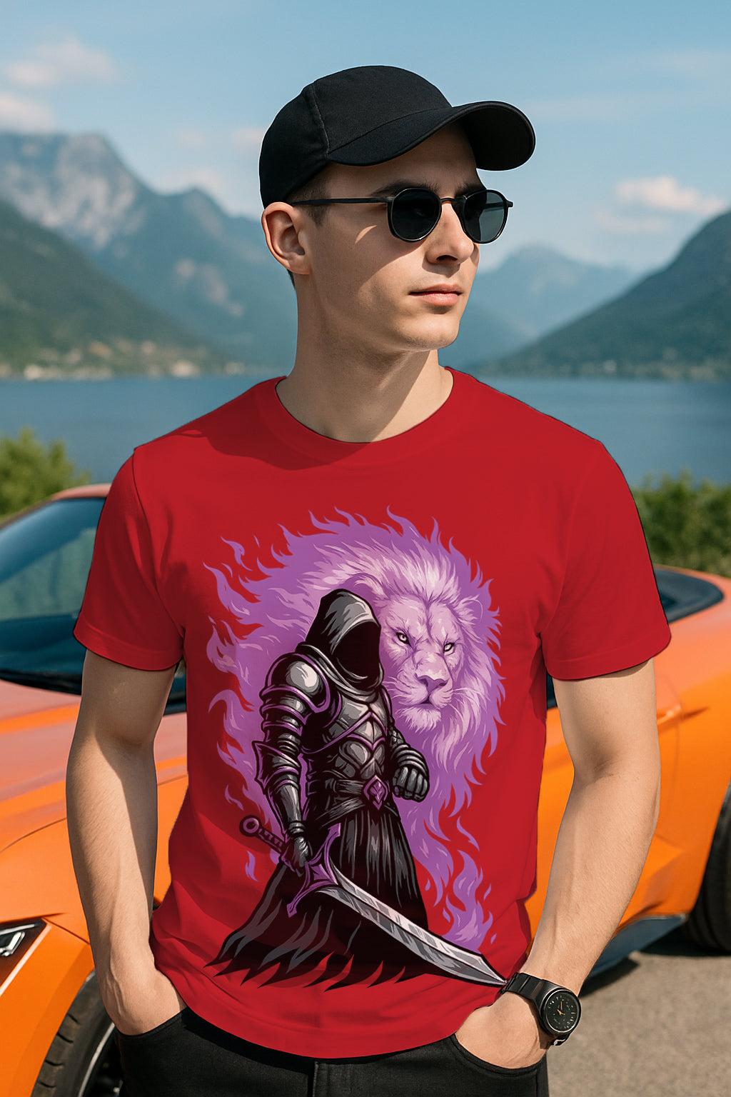 “Shadow Knight & Lion Spirit” Graphic T-Shirt – Mythic Warrior Print, 100% Cotton Regular Fit Streetwear Tee