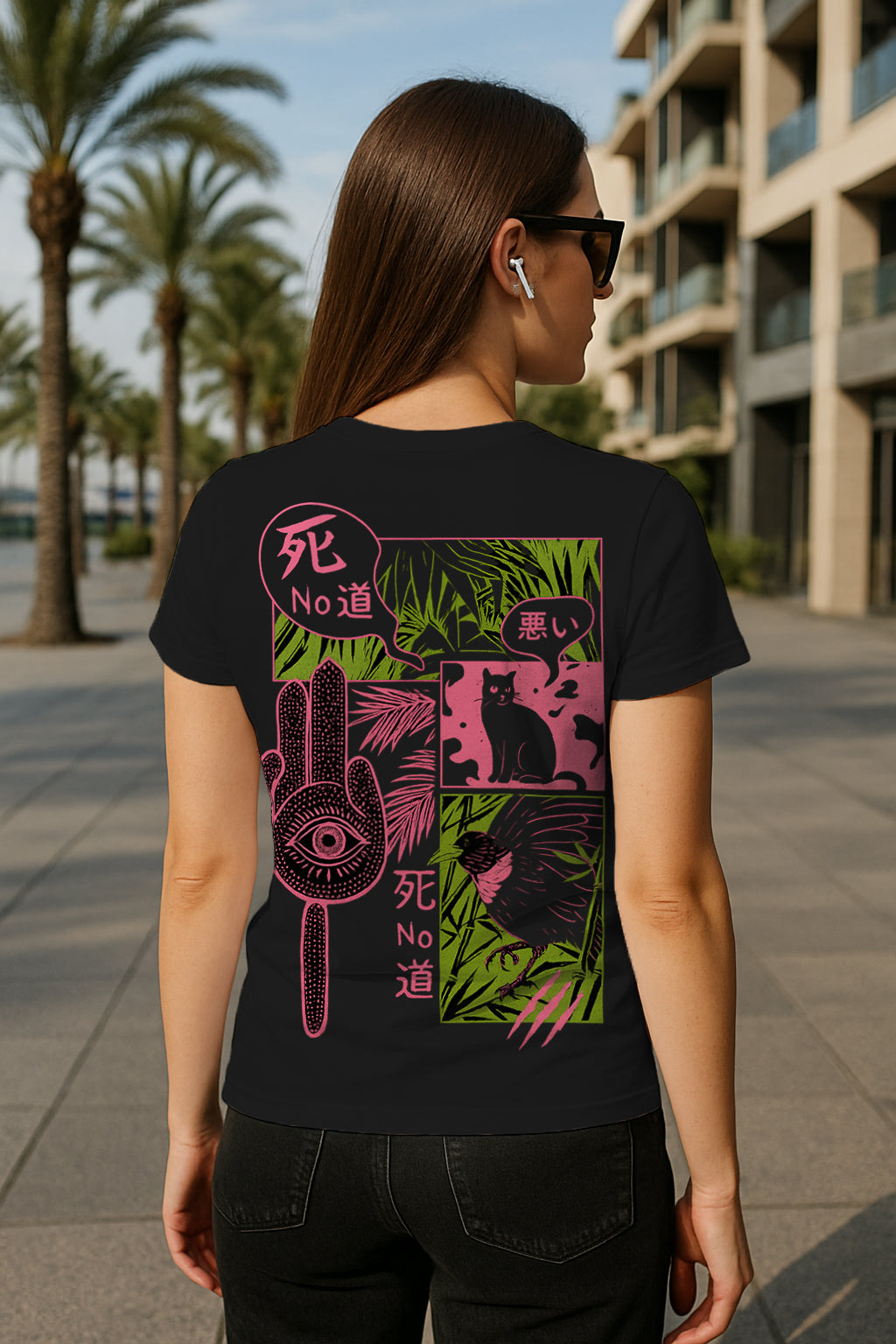 Mystic Manga Panels Women’s Graphic T-Shirt – Third Eye Hand, Black Cat, Japanese Aesthetic Streetwear