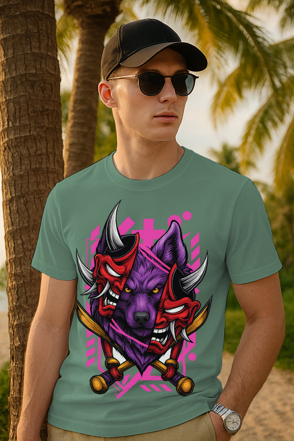 “Oni Wolf Samurai” Mask Graphic T-Shirt – Japanese Katana Streetwear Print, 100% Cotton Regular Fit Tee