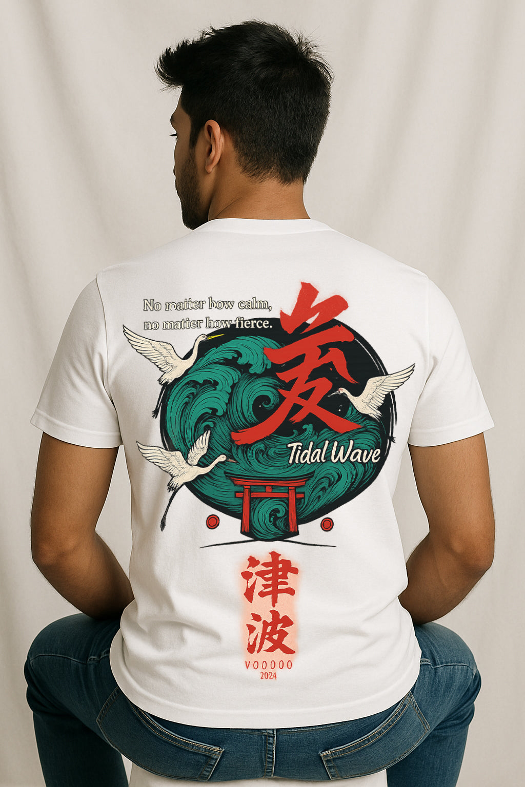 “Tidal Wave” Japanese Back Graphic T-Shirt – Kanji Wave, Torii & Crane Print, 100% Cotton Regular Fit Streetwear Tee