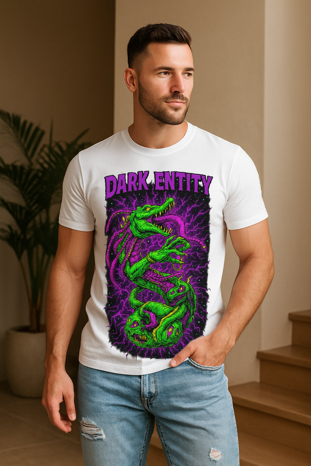 “Dark Entity” Cosmic Horror Monster Graphic T-Shirt – Neon Lightning Art, 100% Cotton Regular Fit Streetwear Tee