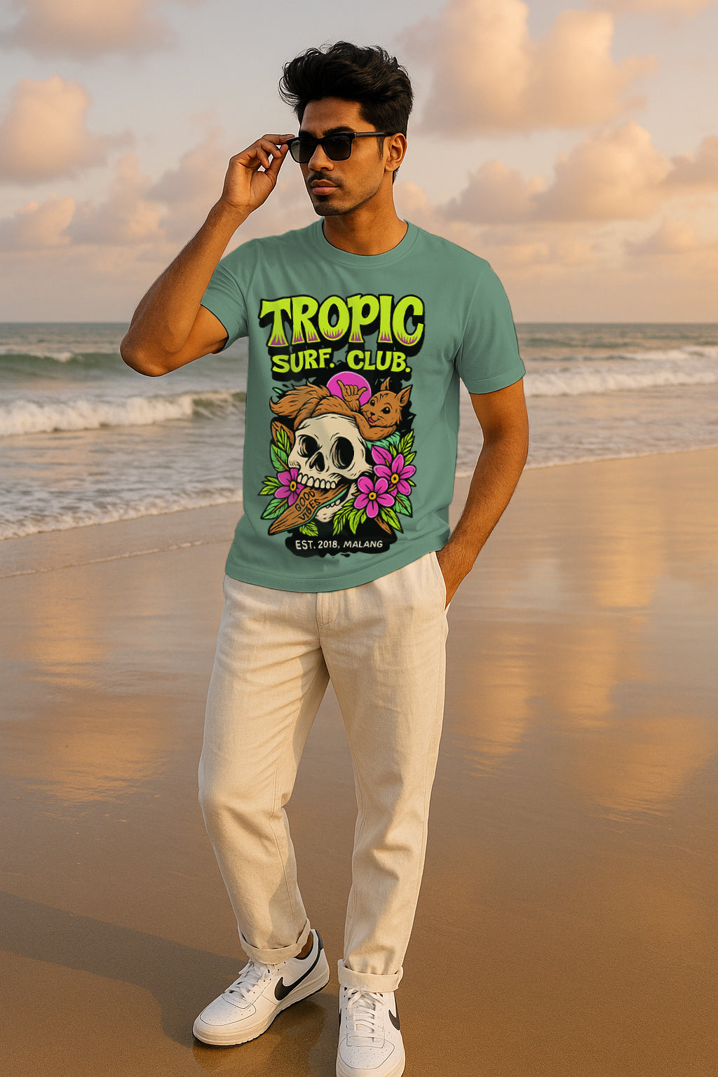“Tropic Surf Club” Skull & Flowers Beach Graphic T-Shirt – Good Vibes Surf Streetwear, 100% Cotton Regular Fit Tee