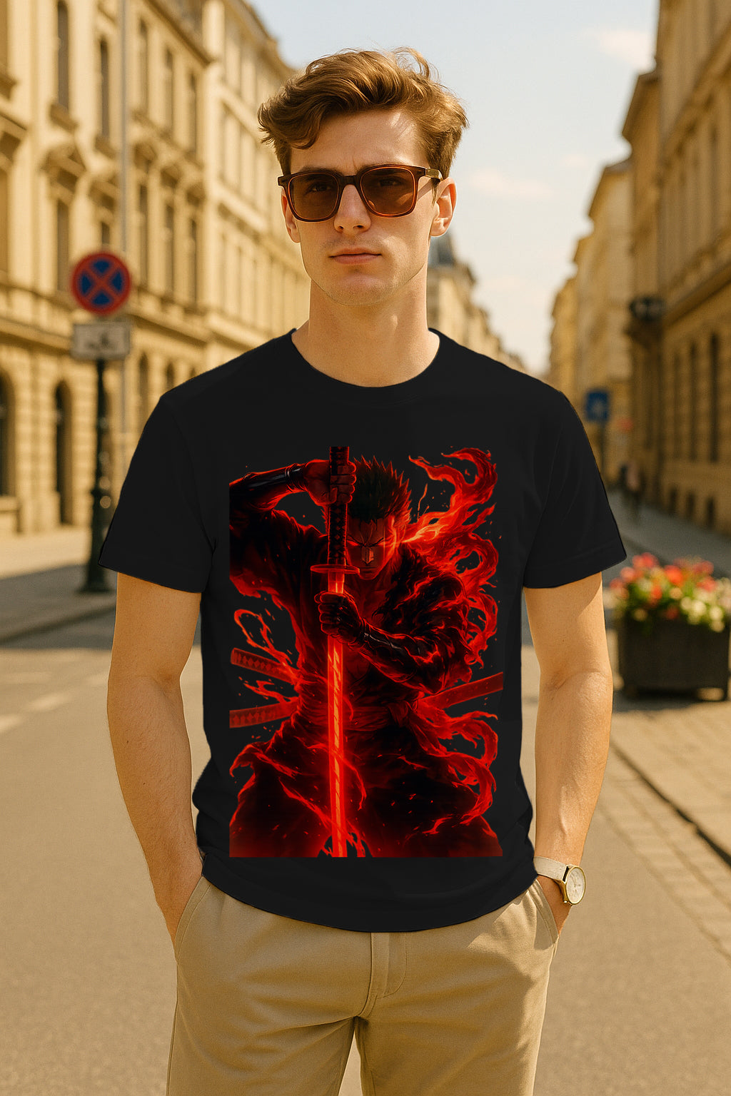 “Inferno Ronin” Red Katana Anime Graphic T-Shirt – Flaming Samurai Art, 100% Cotton Regular Fit Streetwear Tee