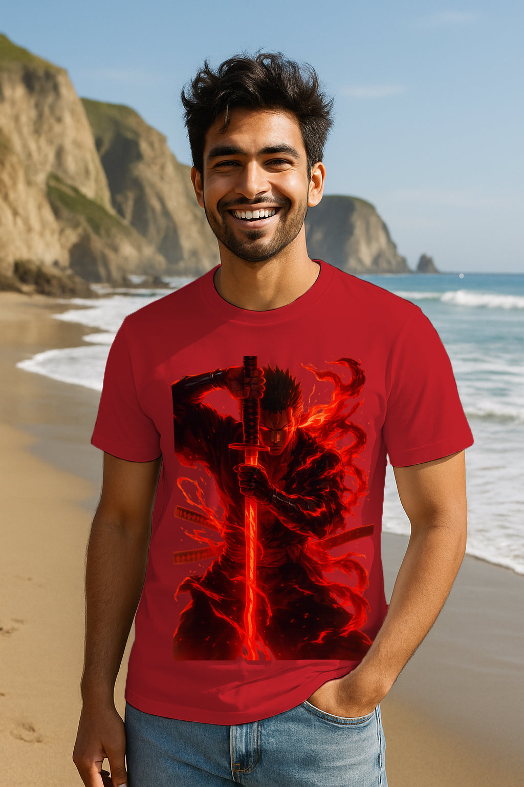 “Inferno Ronin” Red Katana Anime Graphic T-Shirt – Flaming Samurai Art, 100% Cotton Regular Fit Streetwear Tee