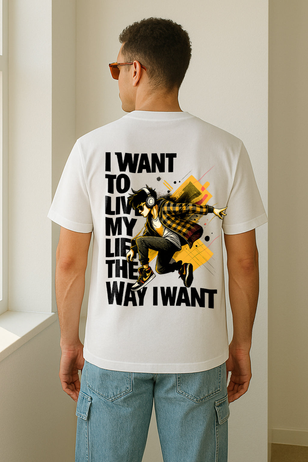 Oversized Graphic T-Shirt – BE ME Headphone Print & Live My Life Streetwear | Premium 240 GSM Cotton Tee for Men