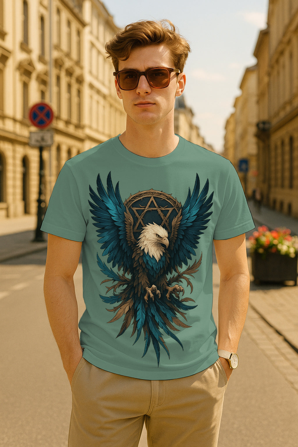 “Aegis Eagle” Sacred Star Wings Graphic T-Shirt – Bald Eagle Emblem Streetwear, 100% Cotton Regular Fit Tee