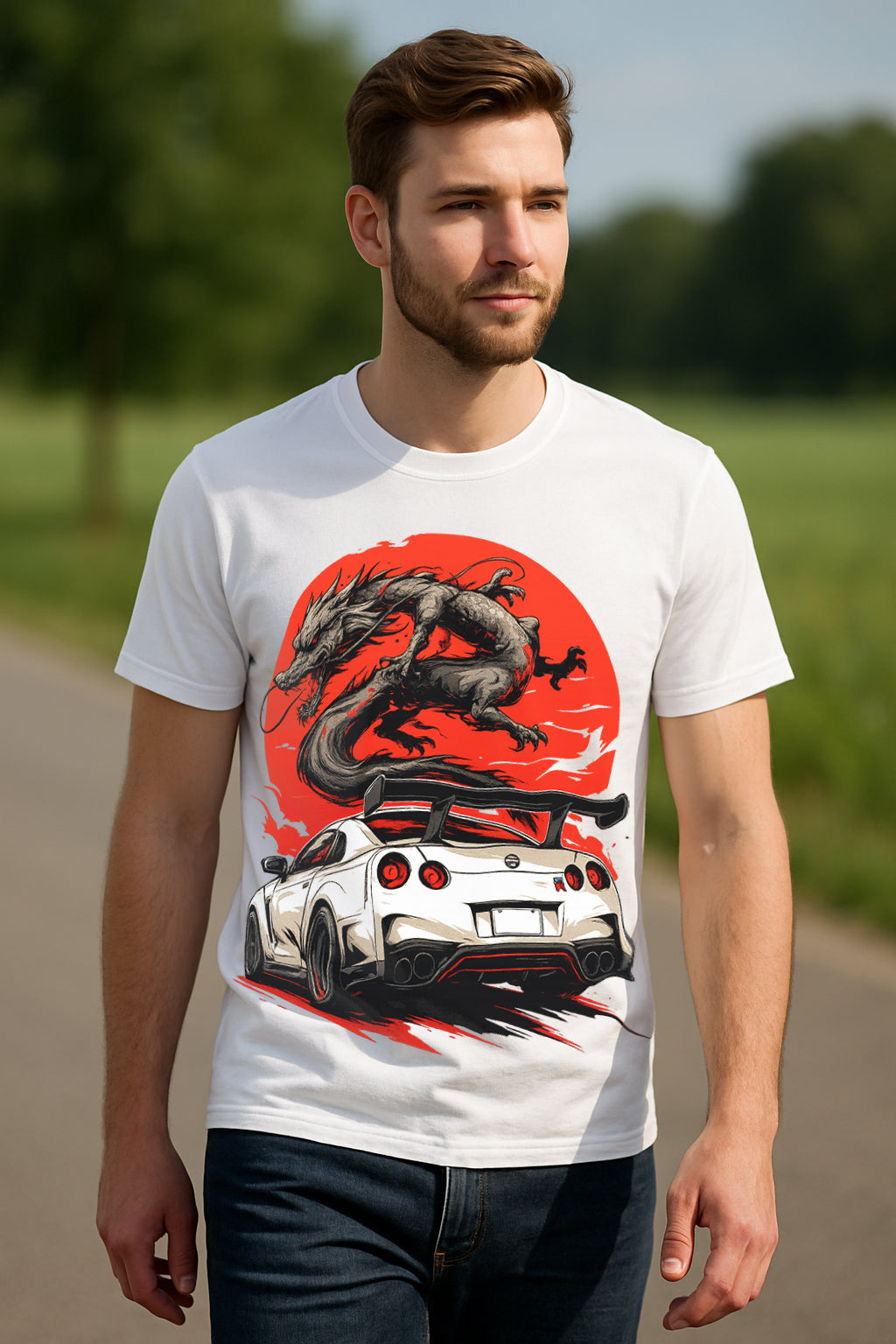 “Dragon & Red Sun Street Racer” JDM Supercar Graphic T-Shirt – Japanese Dragon Car Enthusiast Tee, 100% Cotton Regular Fit