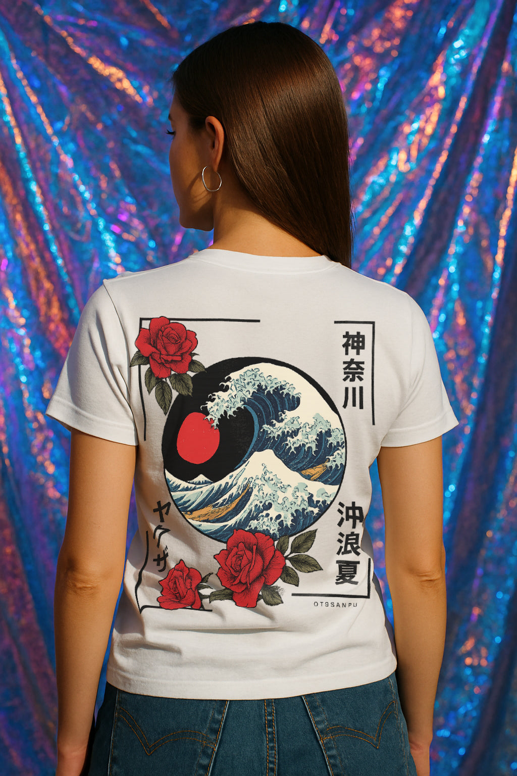 Great Wave & Roses Women’s Graphic T-Shirt – Japanese Ukiyo-e Red Sun Streetwear