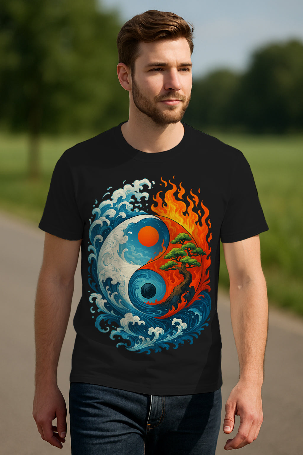 “Yin-Yang Waves & Fire Bonsai” Zen Balance Graphic T-Shirt – Tao Symbol Ocean & Flame Art, 100% Cotton Regular Fit Streetwear Tee