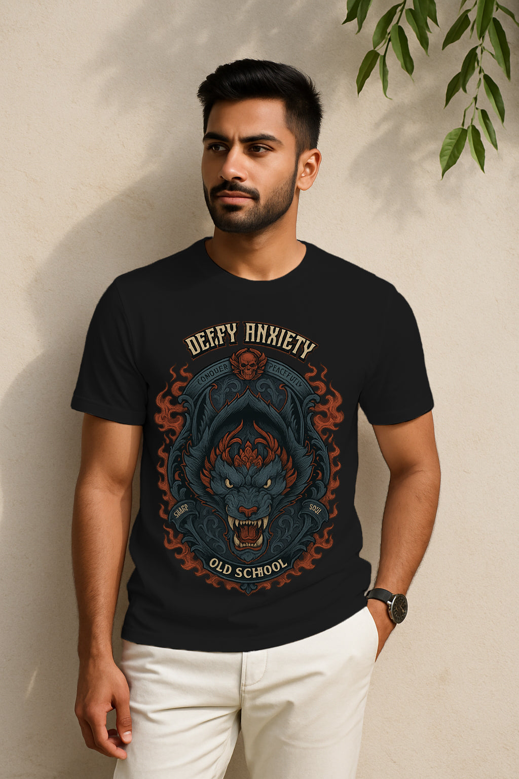 “Defy Anxiety” Old-School Wolf Graphic T-Shirt – Motivational Streetwear, Vintage Tattoo Art, 100% Cotton Regular Fit Tee