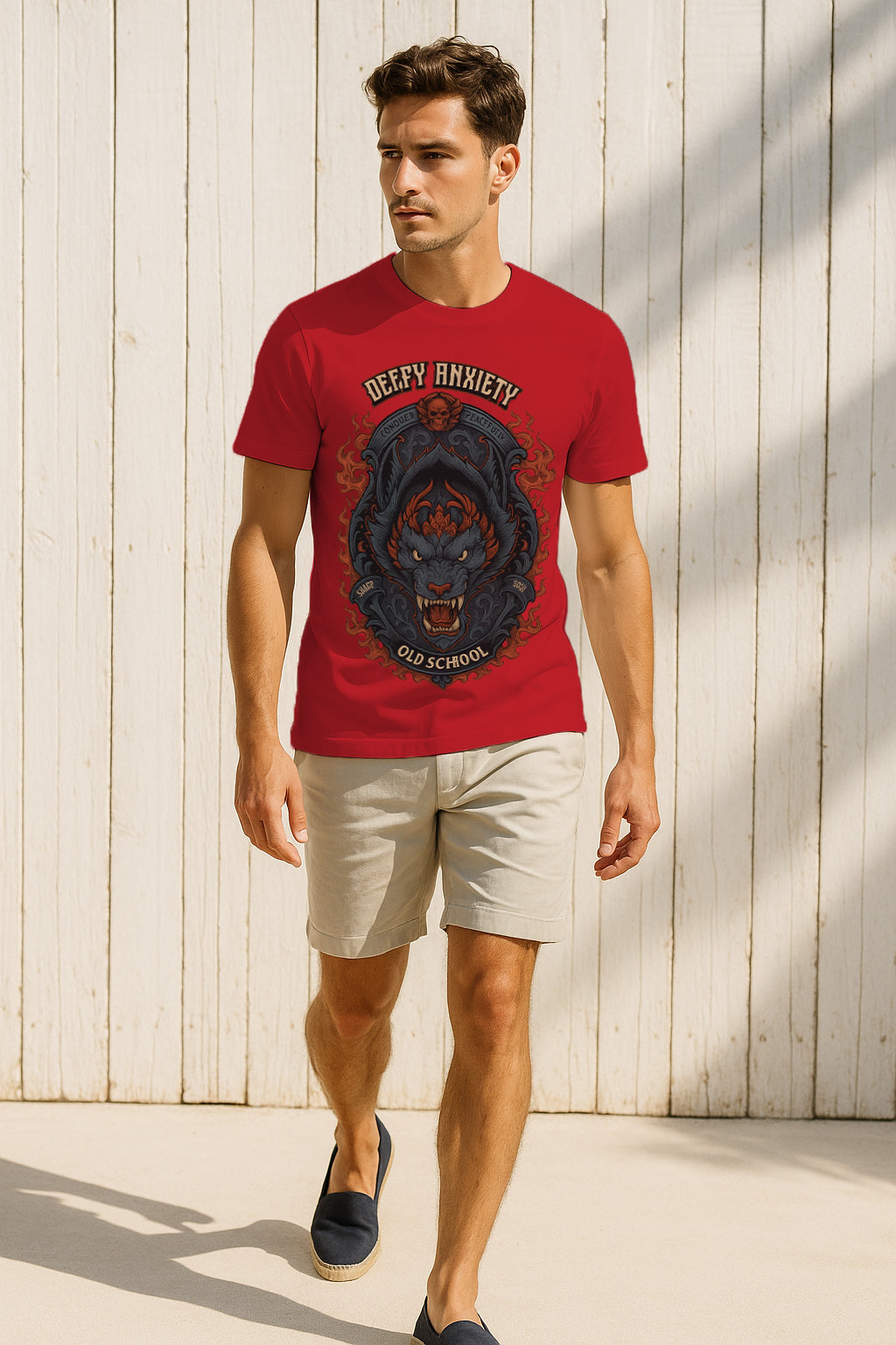 “Defy Anxiety” Old-School Wolf Graphic T-Shirt – Motivational Streetwear, Vintage Tattoo Art, 100% Cotton Regular Fit Tee