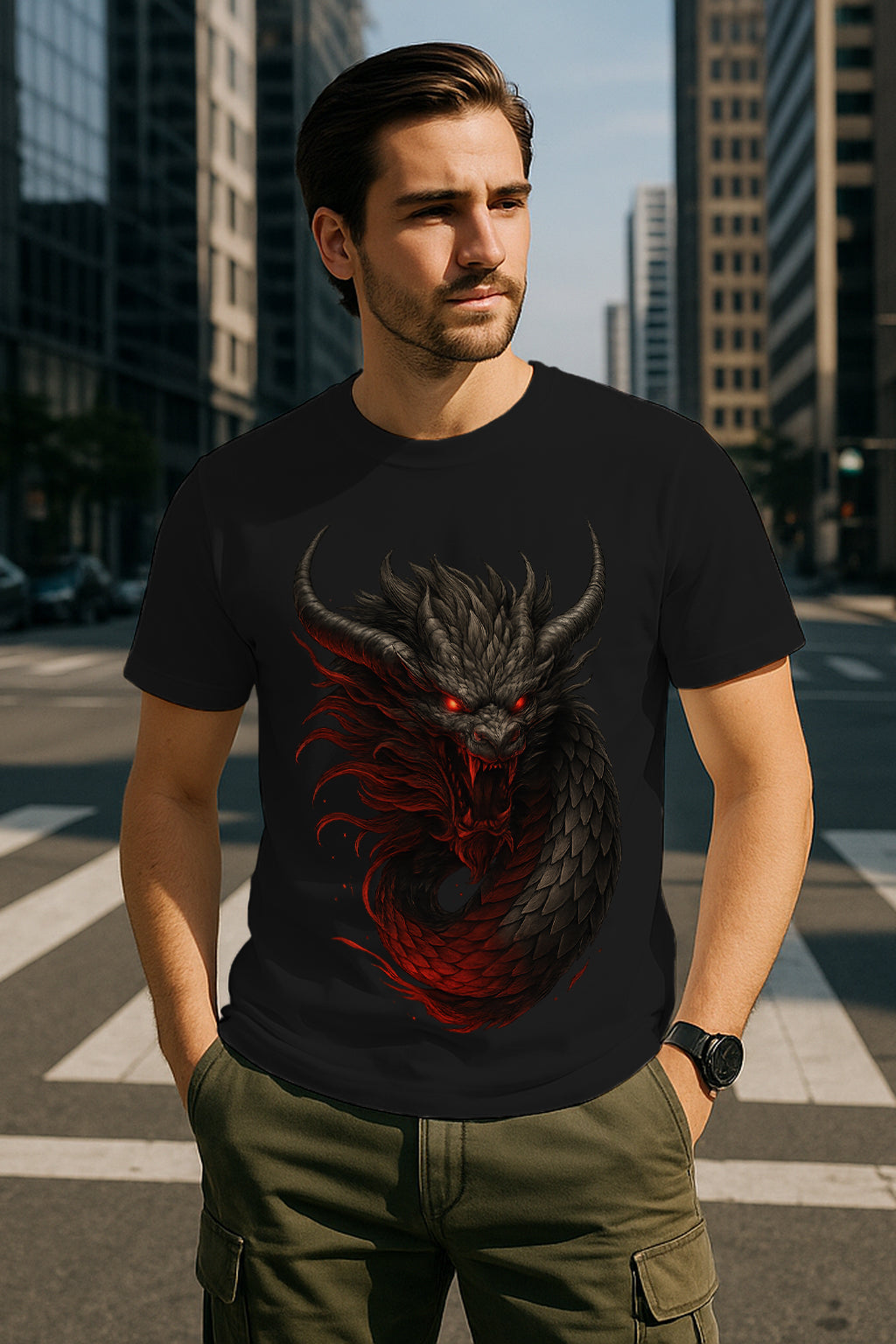 “Infernal Dragon” Red-Eyed Serpent Graphic T-Shirt – Dark Fantasy Streetwear, 100% Cotton Regular Fit Tee