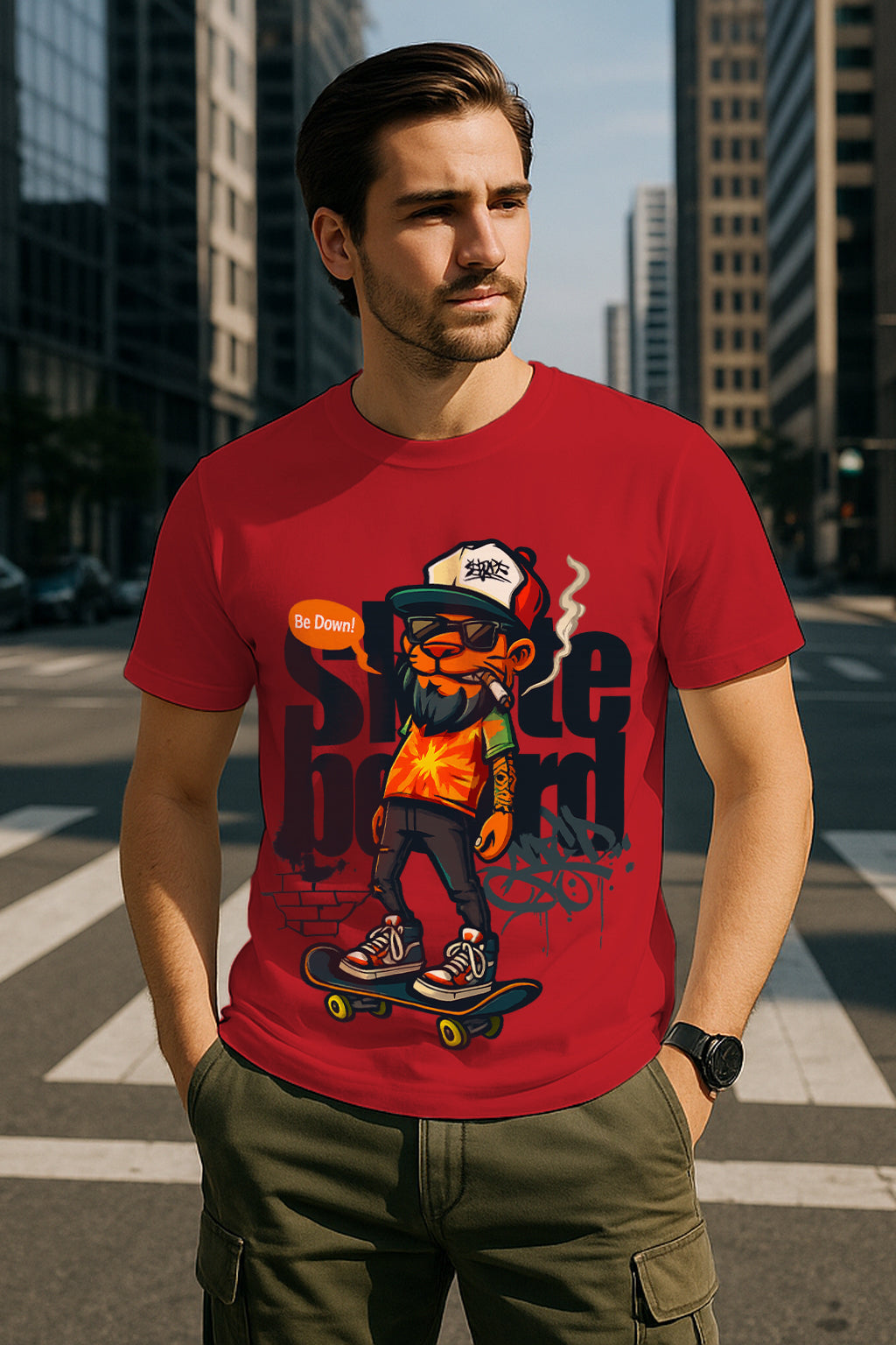 “Skater Cat” Urban Skateboard Graphic T-Shirt – Streetwear Cartoon Art, 100% Cotton Regular Fit Skate Tee