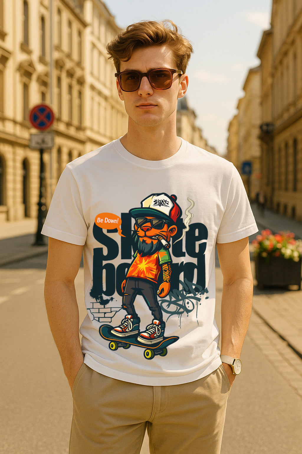 “Skater Cat” Urban Skateboard Graphic T-Shirt – Streetwear Cartoon Art, 100% Cotton Regular Fit Skate Tee