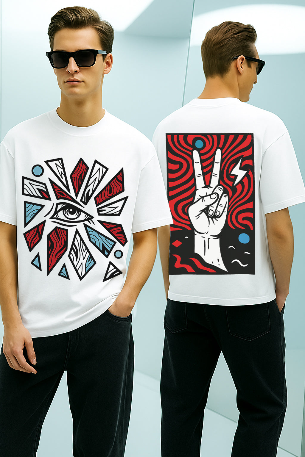 All Seeing Eye & Peace Hand Graphic Oversized Streetwear T-Shirt | Trendy Artistic Print Tee for Men