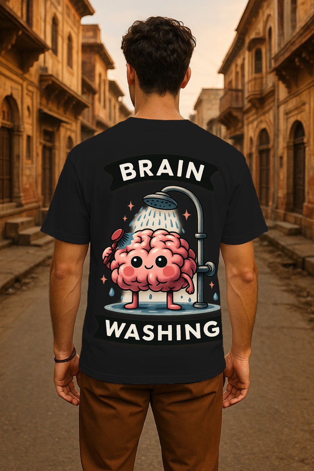 Oversized Brain Washing Graphic T-Shirt – Premium 240 GSM Cotton Streetwear Tee | Funny Cartoon Brain Design for Men