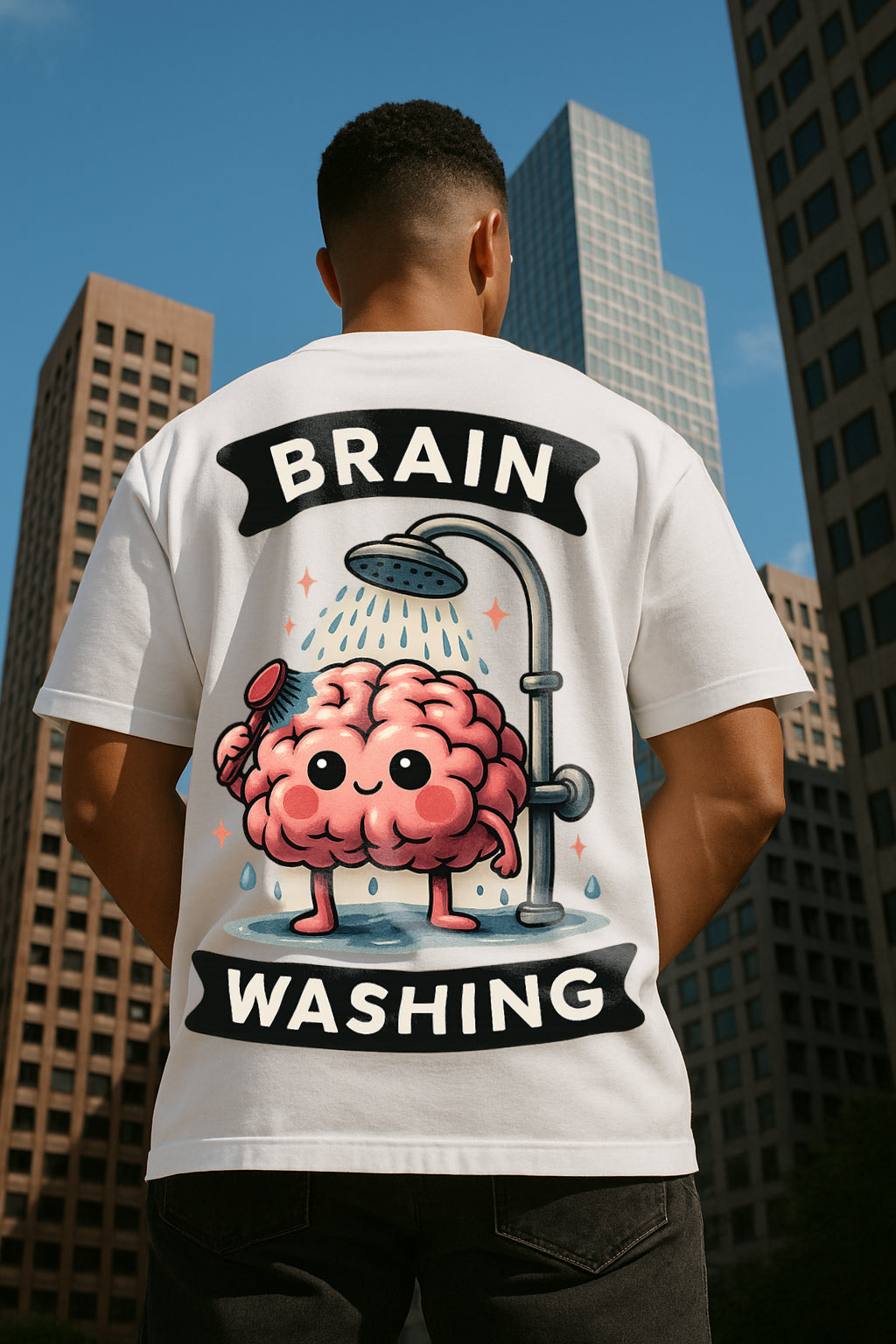Oversized Brain Washing Graphic T-Shirt – Premium 240 GSM Cotton Streetwear Tee | Funny Cartoon Brain Design for Men