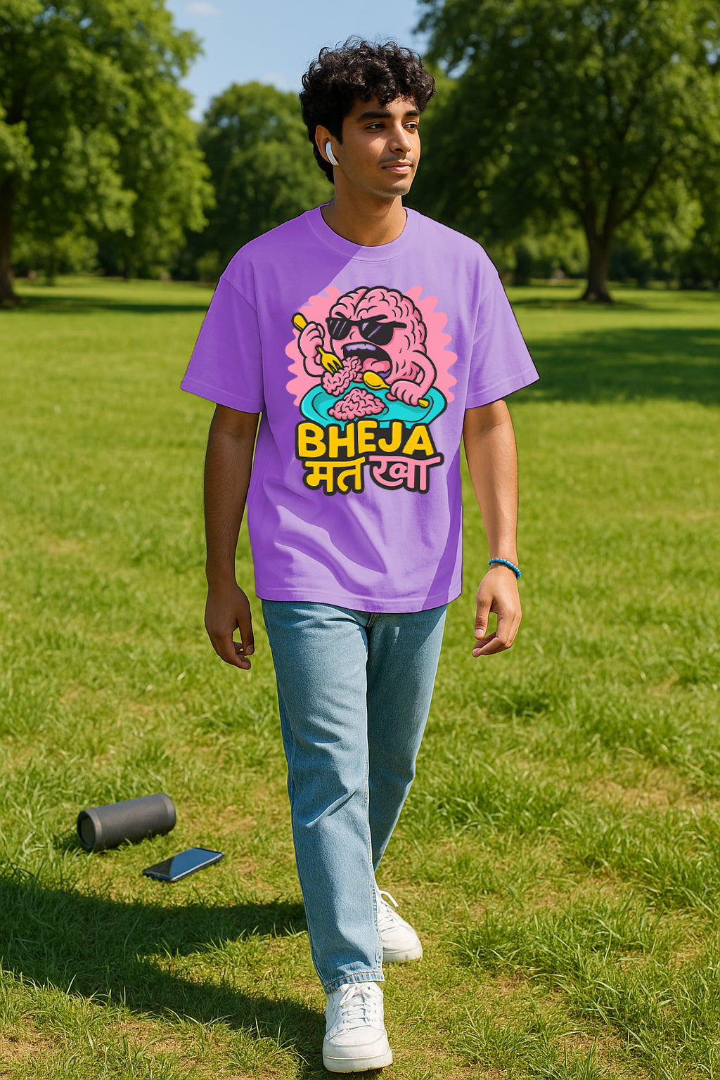 Bheja Mat Kha Oversized Graphic T-Shirt – Funny Hindi Print 240 GSM 100% Terry Cotton Streetwear Tee