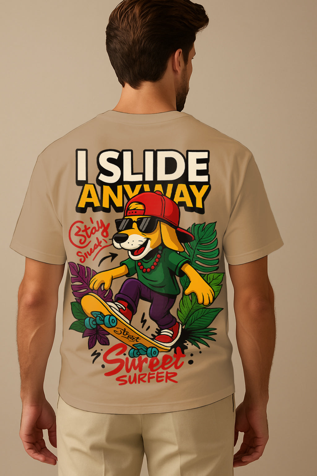 Street Surfer Dog Oversized T-Shirt – Cool Skateboard Graphic Tee | Premium 240 GSM Cotton