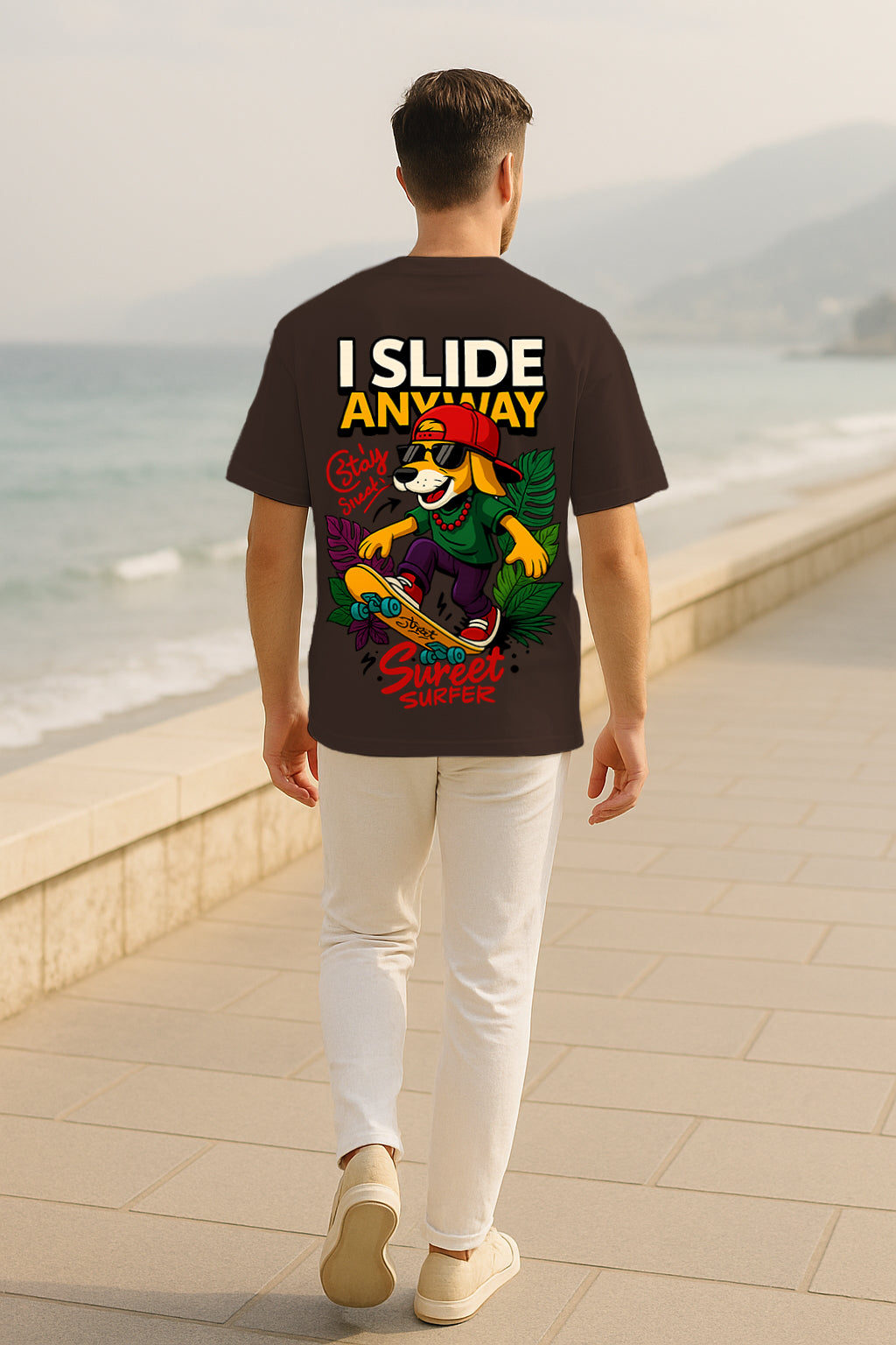 Street Surfer Dog Oversized T-Shirt – Cool Skateboard Graphic Tee | Premium 240 GSM Cotton