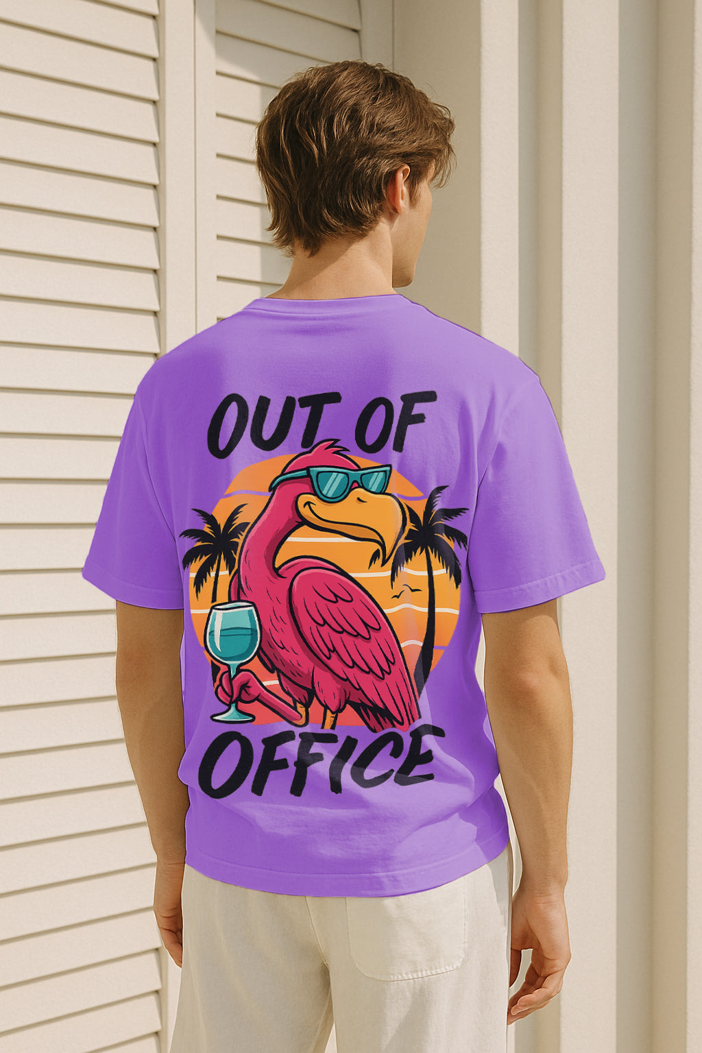 Out of Office Flamingo Oversized T-Shirt – Premium 240 GSM Terry Cotton Vacation Wear
