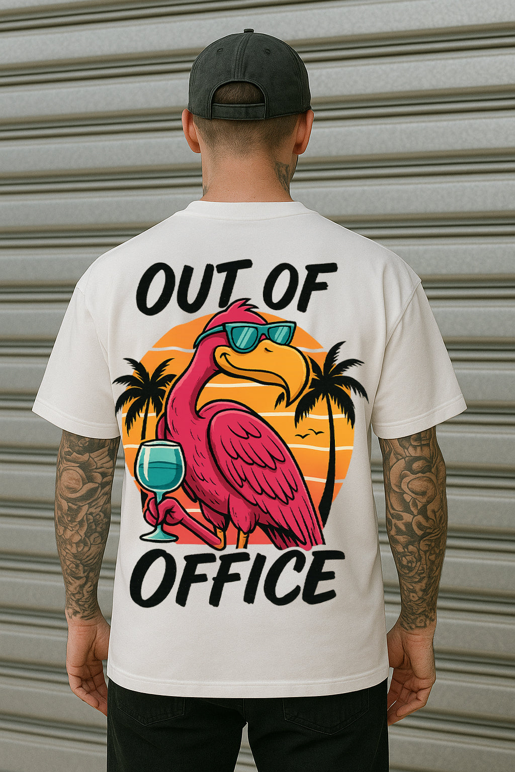 Out of Office Flamingo Oversized T-Shirt – Premium 240 GSM Terry Cotton Vacation Wear
