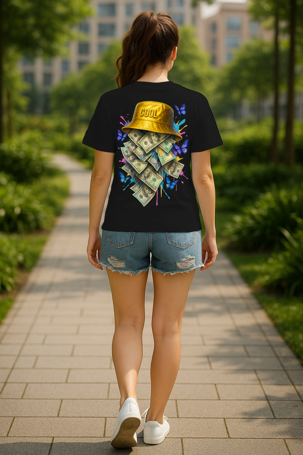 Women’s Streetwear Graphic Tee – Cool Bucket Hat, Cash Flow & Butterflies
