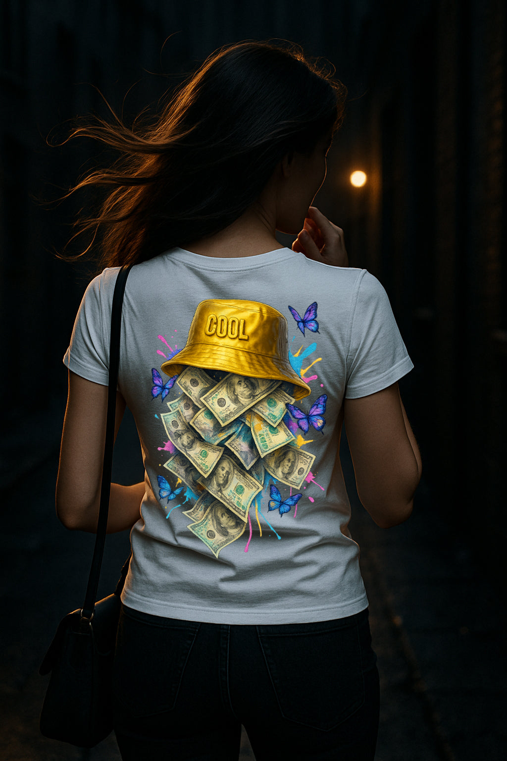 Women’s Streetwear Graphic Tee – Cool Bucket Hat, Cash Flow & Butterflies
