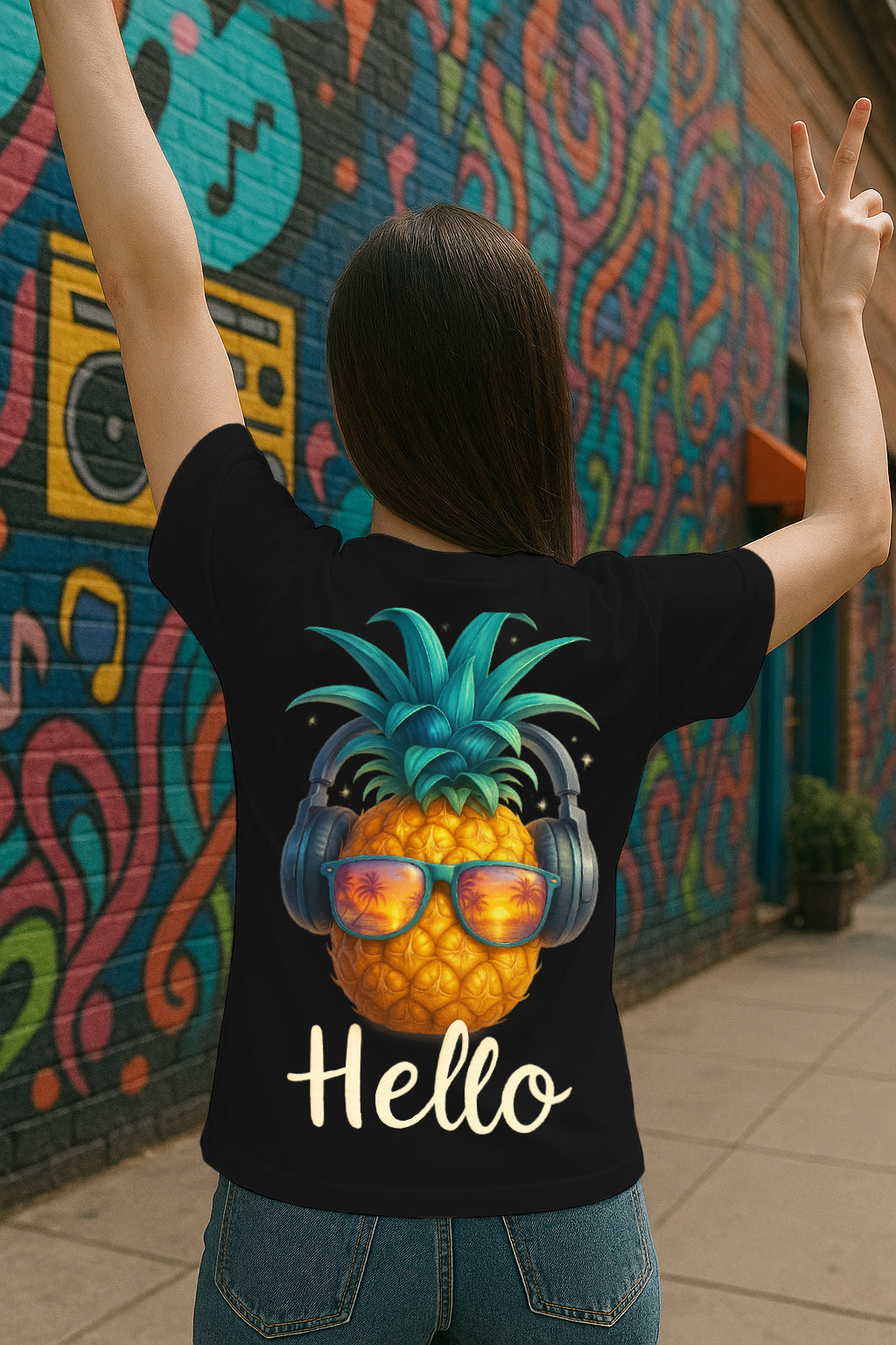 Pineapple With Headphones & Shades Graphic Tee (Women) | Tropical Vibes T-Shirt