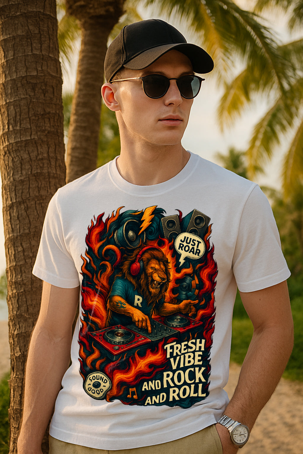 DJ Lion Rock & Roll Graphic T-Shirt | 100% Cotton Regular Fit