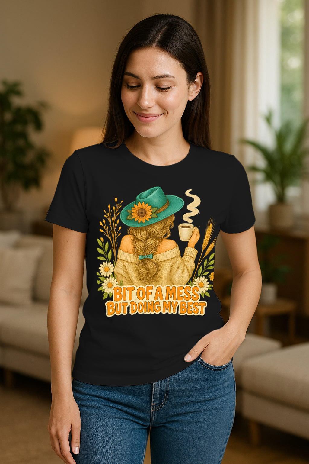 Doing My Best Women’s Graphic Tee | Cozy Coffee & Sunflower Aesthetic T-Shirt