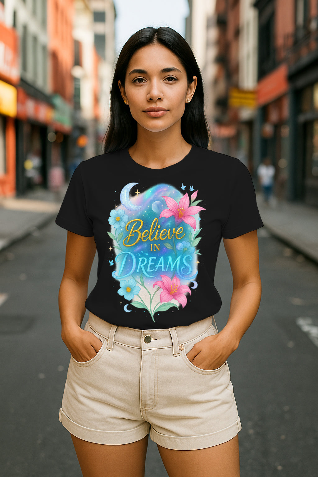 Women’s “Believe in Dreams” Inspirational Graphic Tee | Moon & Flowers Aesthetic T-Shirt