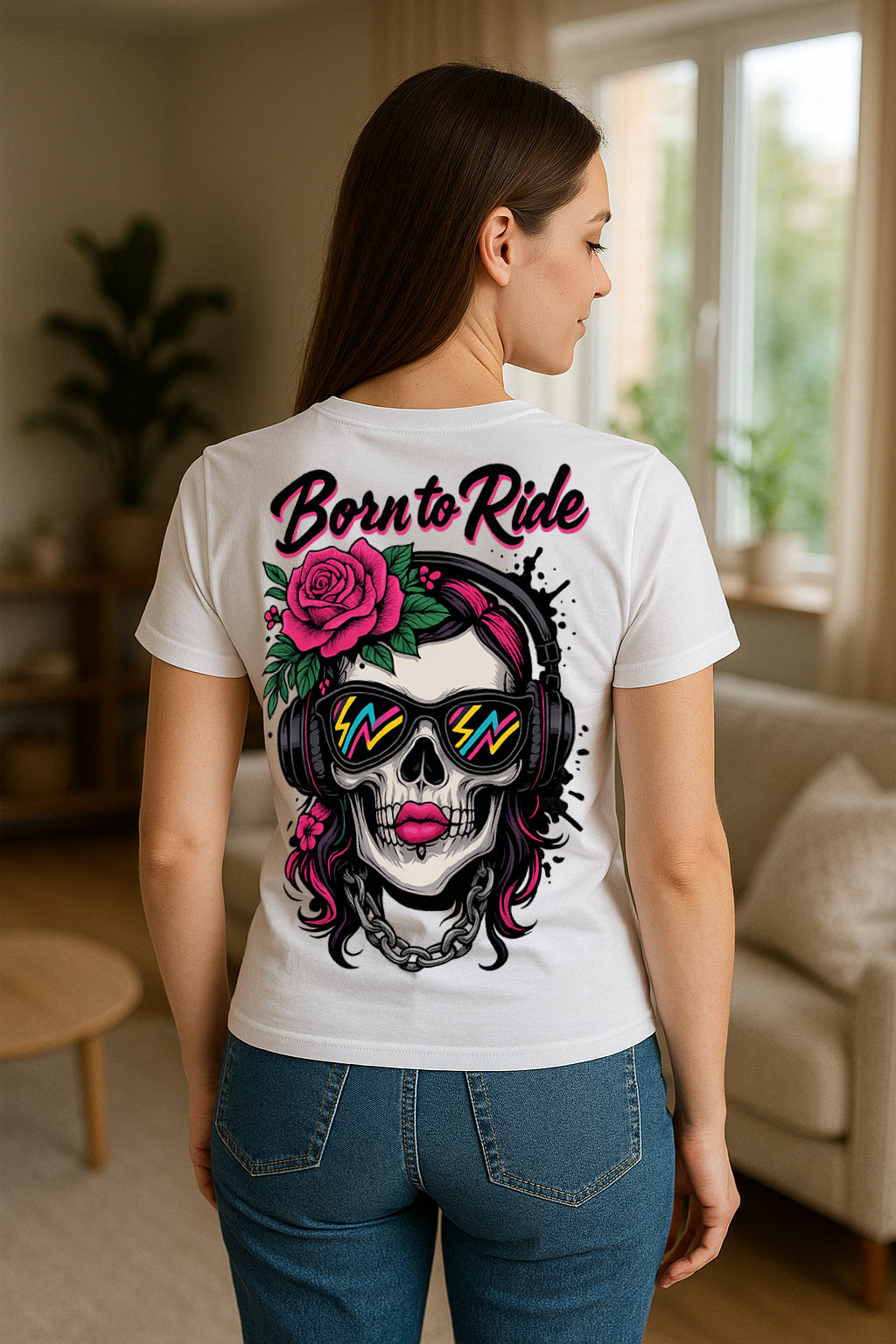 Biker Skull Women’s T-Shirt – Born to Ride Graphic, Headphones & Rose Art