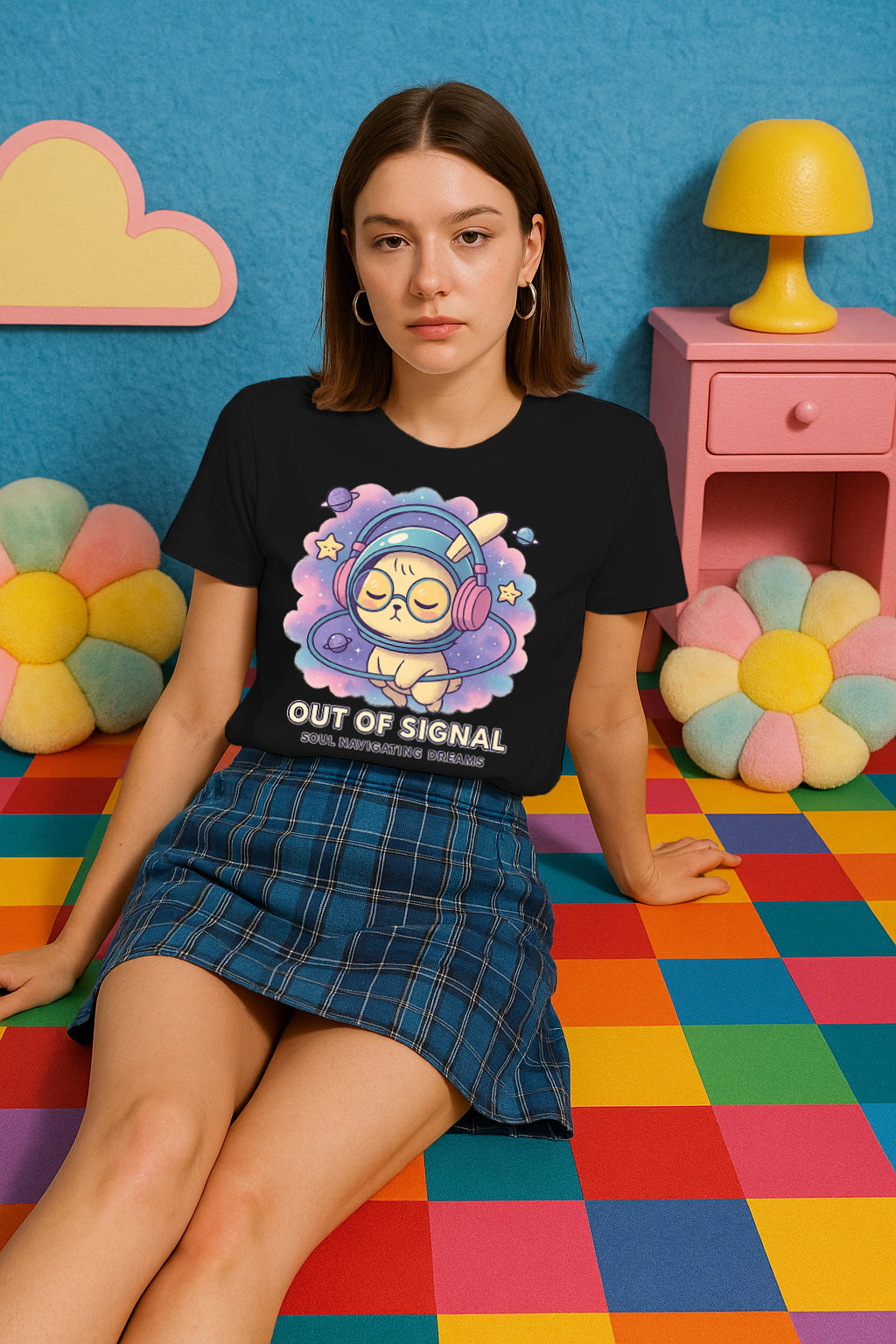 Women’s “Out of Signal” Astronaut Cat Graphic Tee | Space & Headphones Kawaii Streetwear
