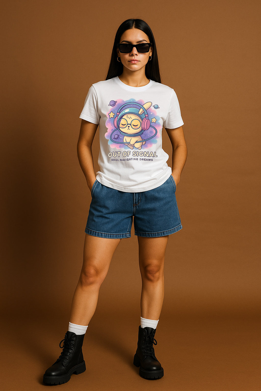 Women’s “Out of Signal” Astronaut Cat Graphic Tee | Space & Headphones Kawaii Streetwear