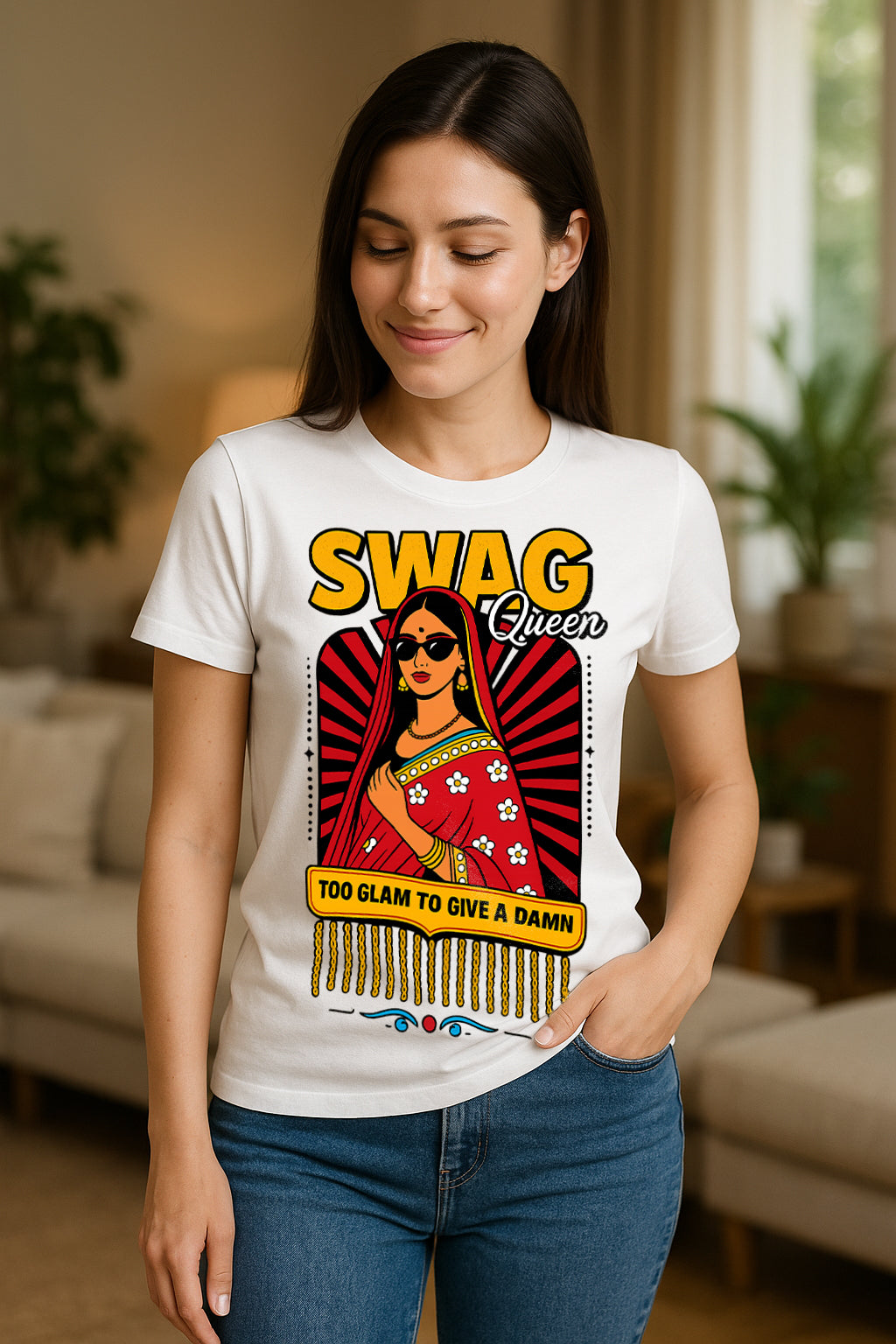 Swag Queen Women’s Graphic T-Shirt – Desi Pop Art Saree Diva, “Too Glam to Give a Damn” Quote Tee