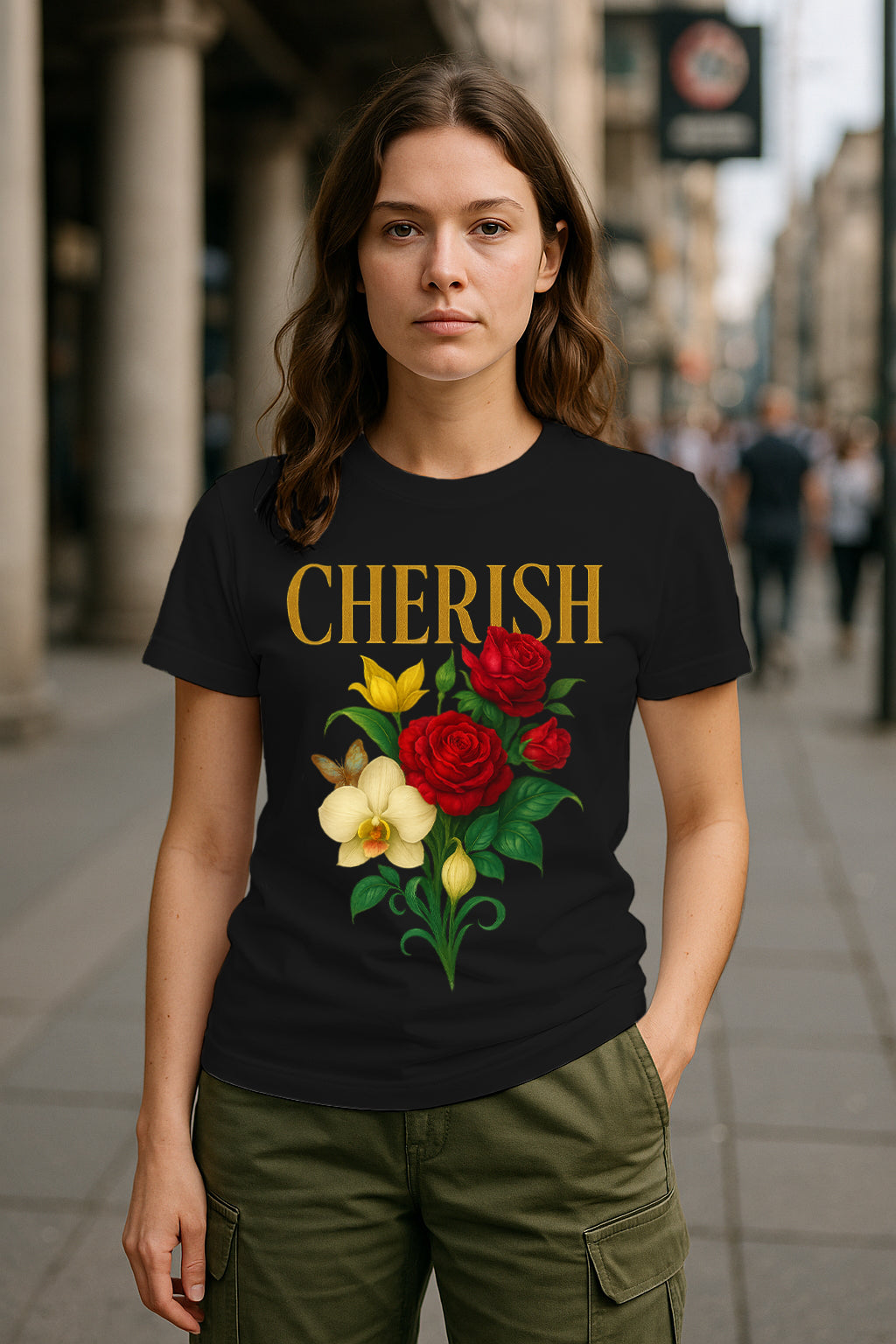 Cherish Floral Graphic T-Shirt for Women – Roses & Orchid Bouquet Quote Tee