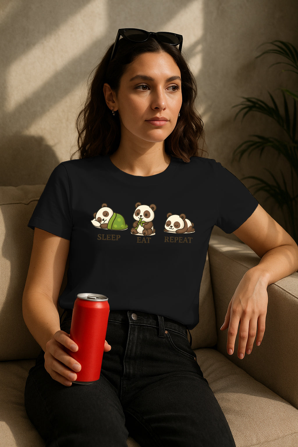 Sleep Eat Repeat Panda Graphic T-Shirt for Women – Cute Kawaii Bamboo Meme Tee