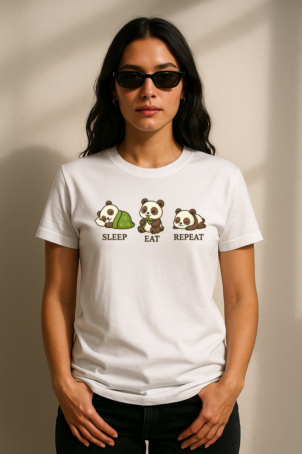 Sleep Eat Repeat Panda Graphic T-Shirt for Women – Cute Kawaii Bamboo Meme Tee